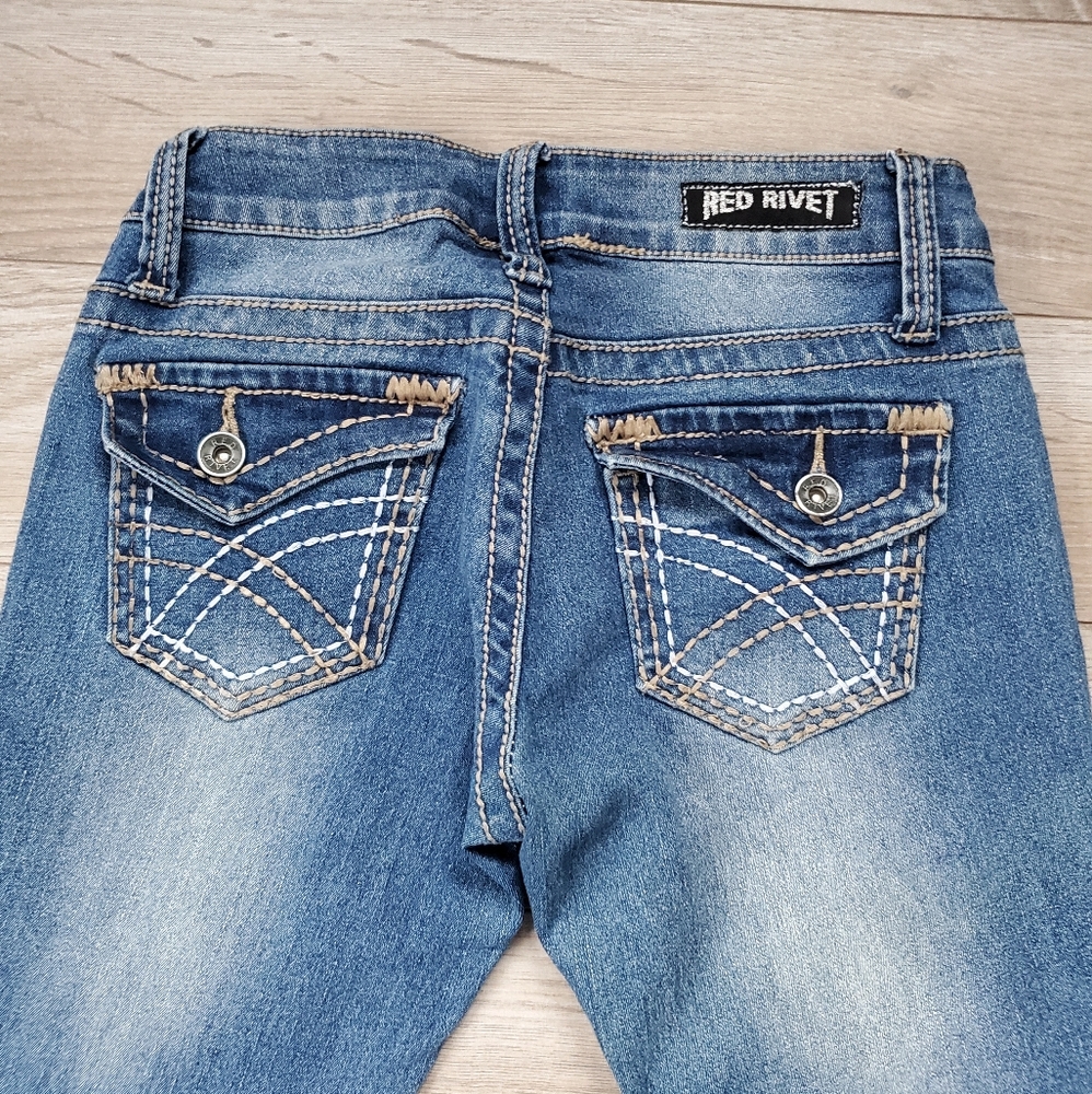 Red Rivet Bootcut Distressed Jeans - Picture 8 of 15